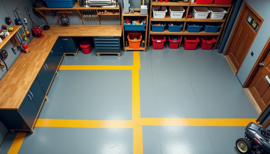 Garage floor zoned with clear workflow paths