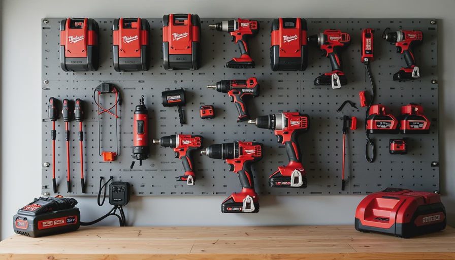 Dedicated spots for cordless tools and chargers Power tool charging and storage station on tool wall