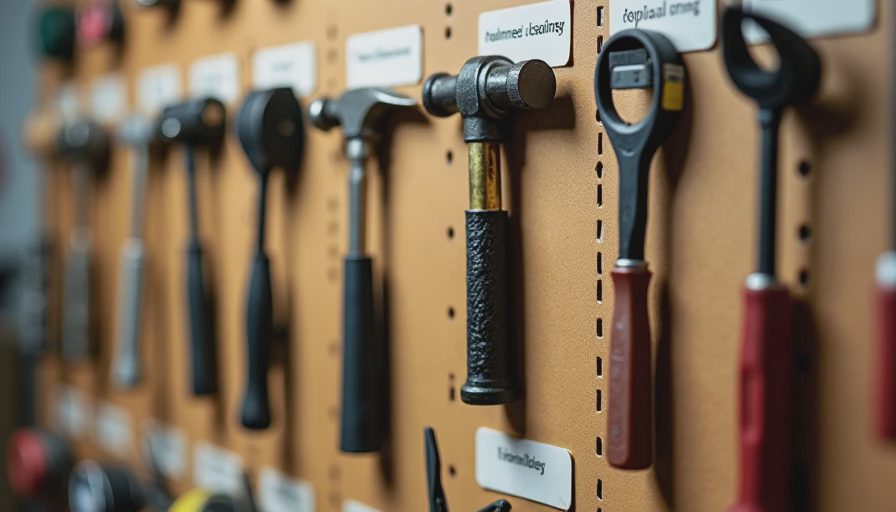 Visual management system for instant tool retrieval Shadow board tool wall with outlines and labels