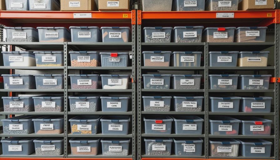 Clear bin system for fast material location Categorized and labeled hardware storage bins