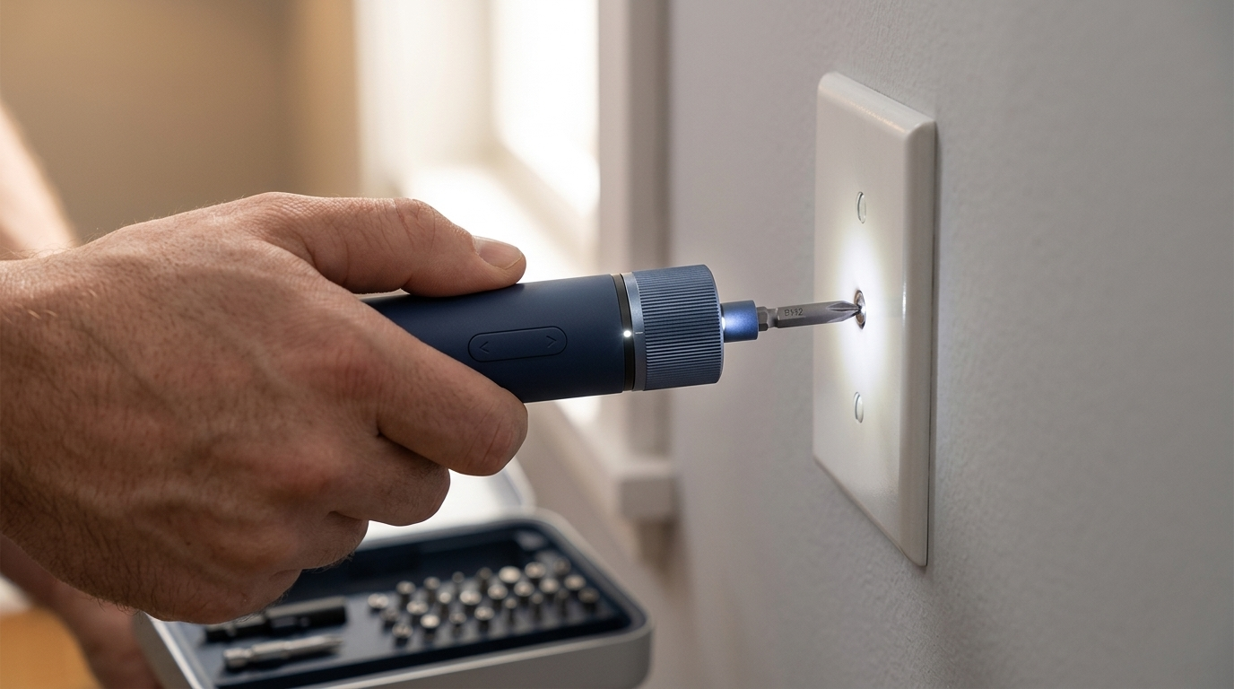 Using HOTO Screwdriver on Outlet Cover Hand using a cordless electric screwdriver to fasten a wall outlet cover, with LED light illuminating the screw head.