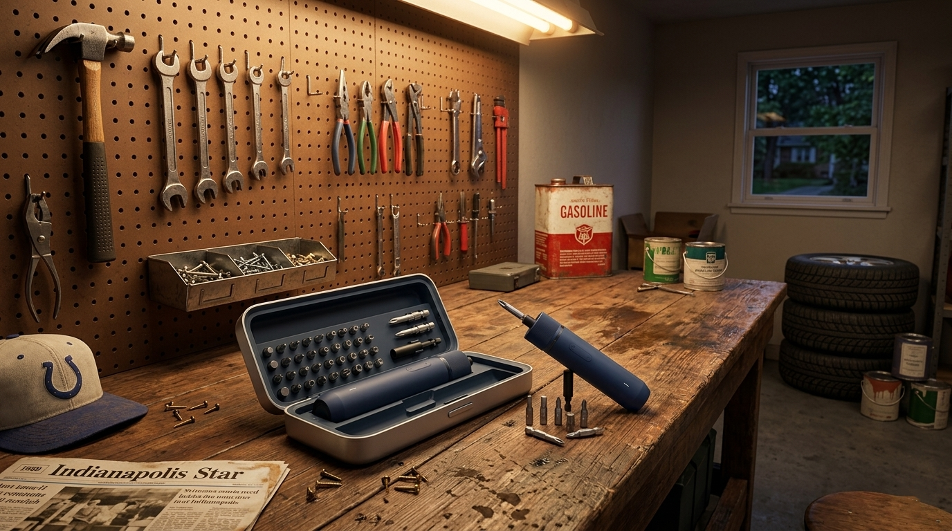Garage Workspace with HOTO Screwdriver Kit Tidy 1980s suburban garage interior with pegboard tool wall and a cordless screwdriver kit on a wooden workbench.