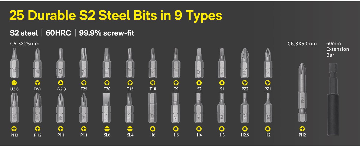 25 Durable S2 Steel Bits in 9Types 25 Durable S2 Steel Bits in 9Types