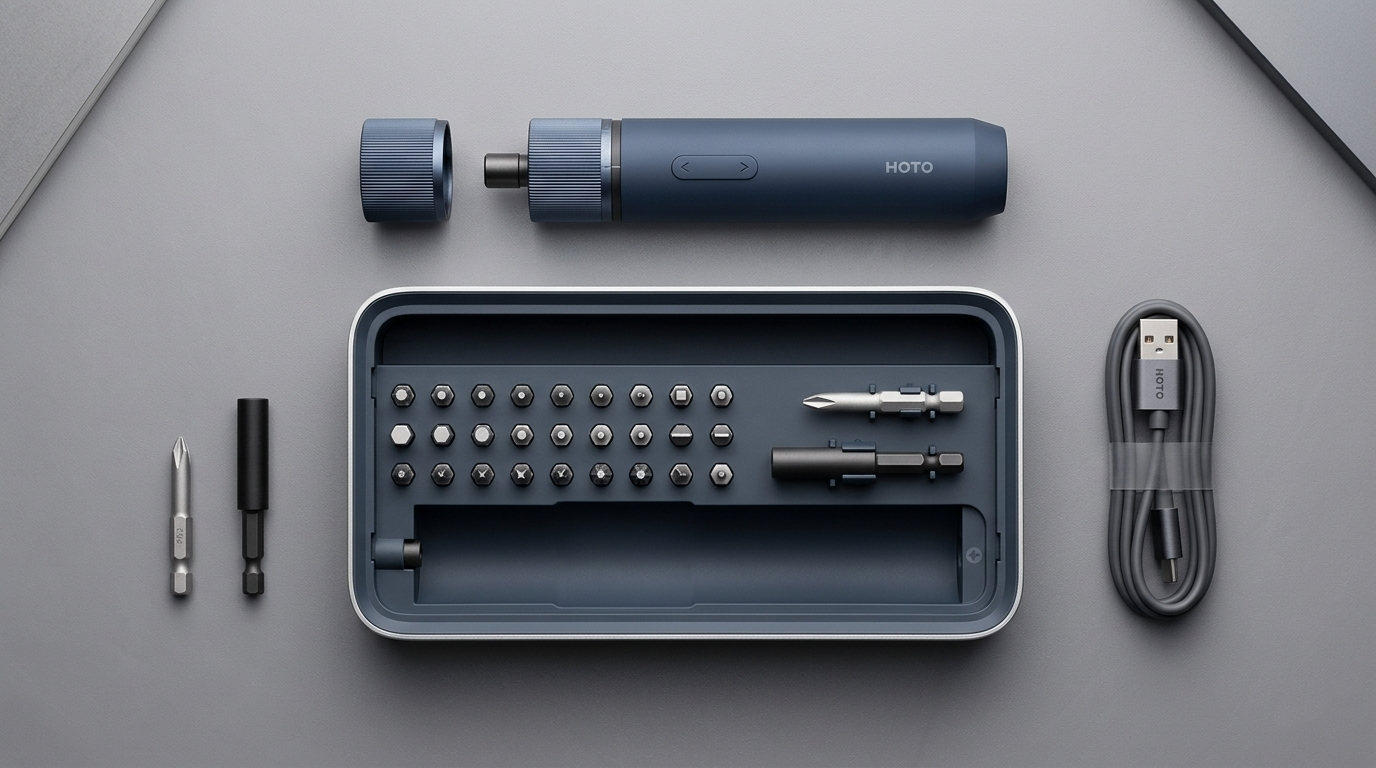 Complete HOTO Screwdriver Kit Components Flat lay of HOTO electric screwdriver kit including cylindrical driver, open aluminum case with 25 bits, and USB-C cable.