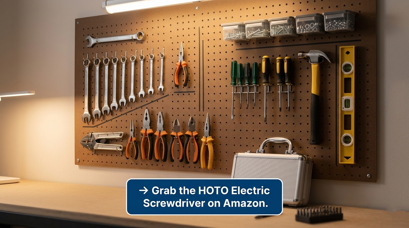 Garage Tool Organization with HOTO Case Neatly organized garage pegboard wall with hanging hand tools and a small aluminum tool case leaning at the base.
